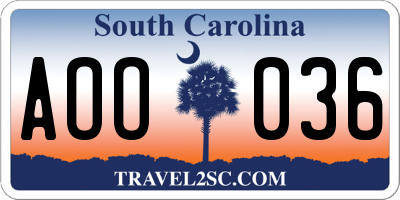SC license plate AOO036