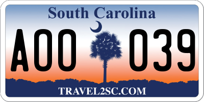 SC license plate AOO039
