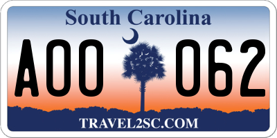 SC license plate AOO062
