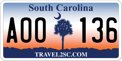 SC license plate AOO136