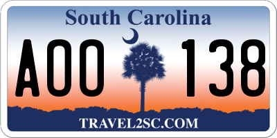 SC license plate AOO138