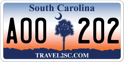 SC license plate AOO202