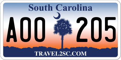 SC license plate AOO205