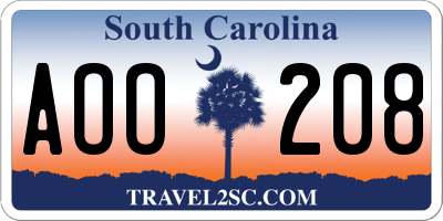 SC license plate AOO208