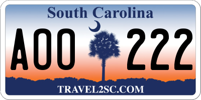 SC license plate AOO222