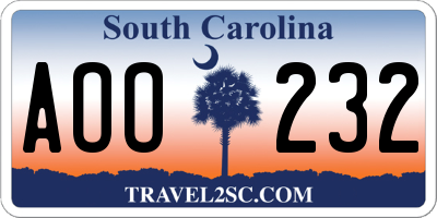 SC license plate AOO232