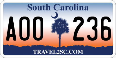 SC license plate AOO236