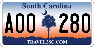 SC license plate AOO280