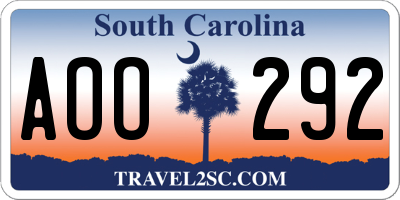 SC license plate AOO292