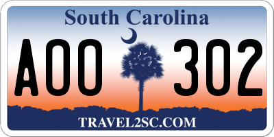 SC license plate AOO302