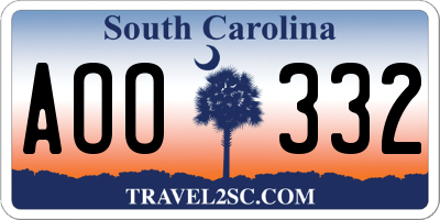 SC license plate AOO332