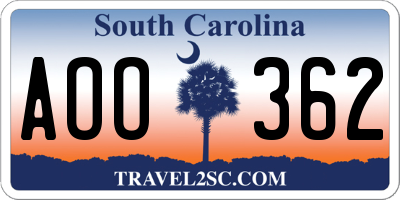 SC license plate AOO362