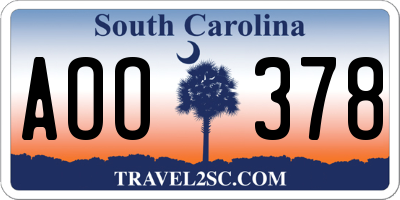 SC license plate AOO378