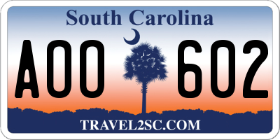 SC license plate AOO602