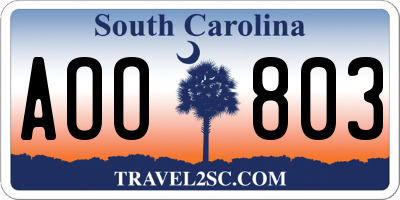 SC license plate AOO803