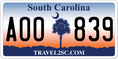 SC license plate AOO839