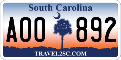 SC license plate AOO892