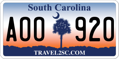 SC license plate AOO920