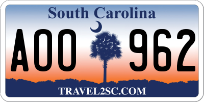 SC license plate AOO962