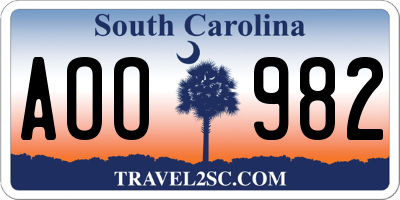 SC license plate AOO982