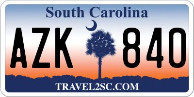 SC license plate AZK840