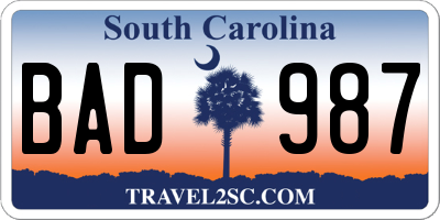 SC license plate BAD987