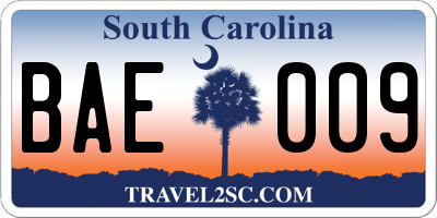 SC license plate BAE009