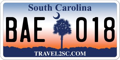 SC license plate BAE018