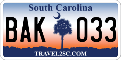 SC license plate BAK033