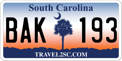 SC license plate BAK193