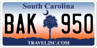 SC license plate BAK950