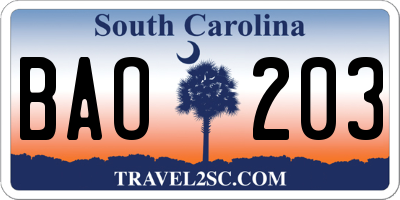 SC license plate BAO203