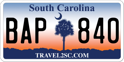 SC license plate BAP840
