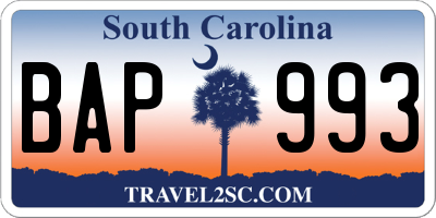 SC license plate BAP993