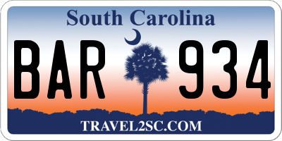 SC license plate BAR934