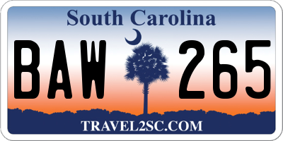 SC license plate BAW265