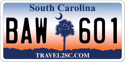 SC license plate BAW601