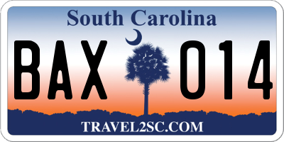 SC license plate BAX014