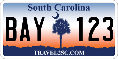 SC license plate BAY123