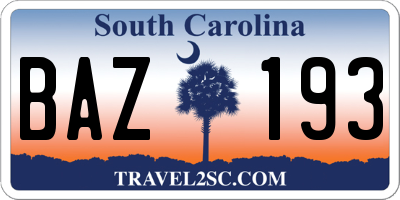 SC license plate BAZ193