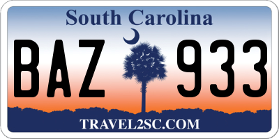 SC license plate BAZ933