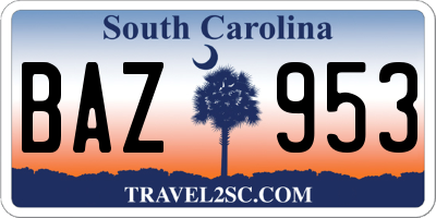 SC license plate BAZ953