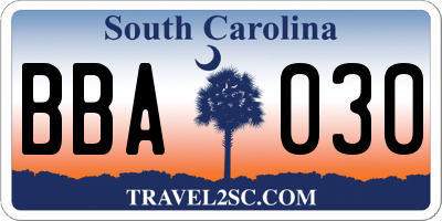 SC license plate BBA030