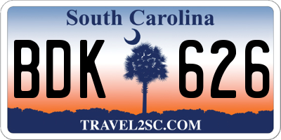 SC license plate BDK626