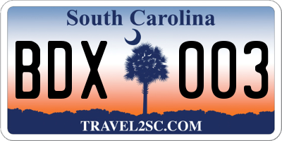 SC license plate BDX003