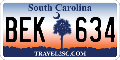 SC license plate BEK634