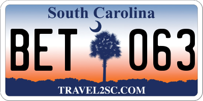 SC license plate BET063