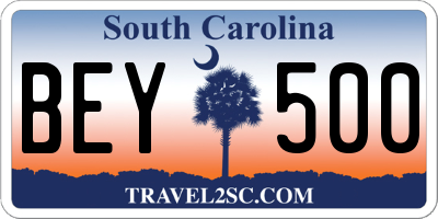 SC license plate BEY500
