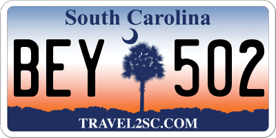 SC license plate BEY502
