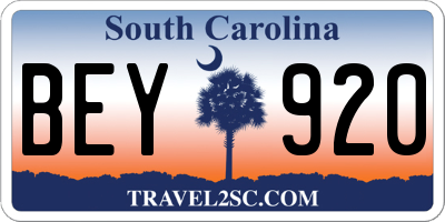 SC license plate BEY920